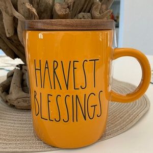 Rae Dunn HARVEST BLESSINGS Orange Mug with lid.